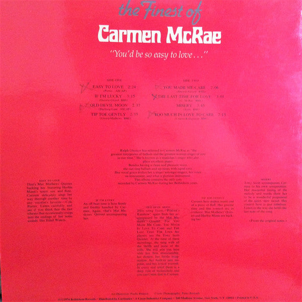 Carmen McRae : The Finest Of Carmen McRae: You'd Be So Easy To Love (LP, Album, Comp, TP)
