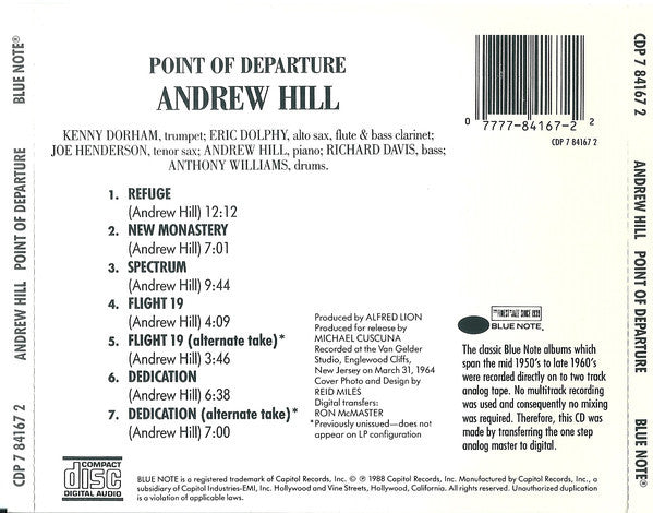 Andrew Hill : Point Of Departure (CD, Album, RE)