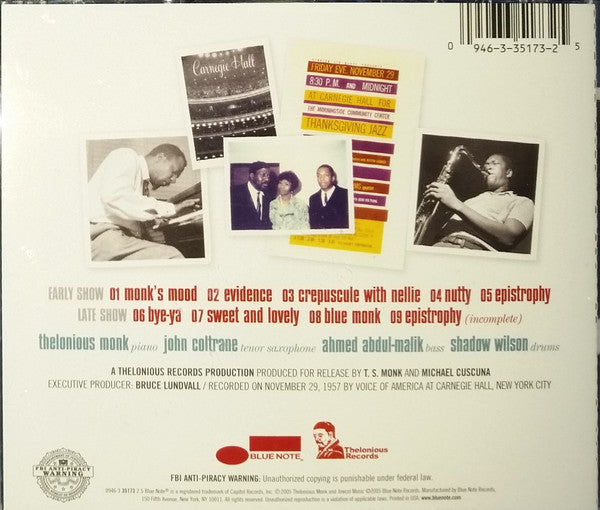 Thelonious Monk Quartet* With John Coltrane : At Carnegie Hall (CD, Album)