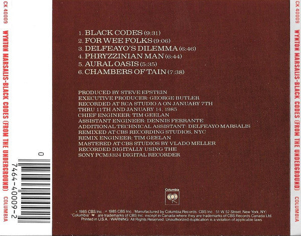 Wynton Marsalis : Black Codes (From The Underground) (CD, Album)