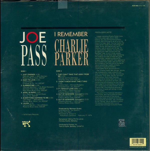 Joe Pass : I Remember Charlie Parker (LP, Album, RE, RM)