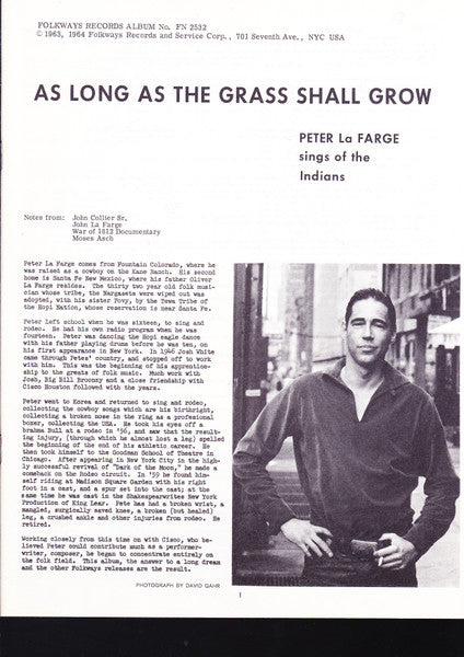Peter LaFarge : As Long As The Grass Shall Grow (Peter La Farge Sings Of The Indians) (LP, Album, EP, Mono)