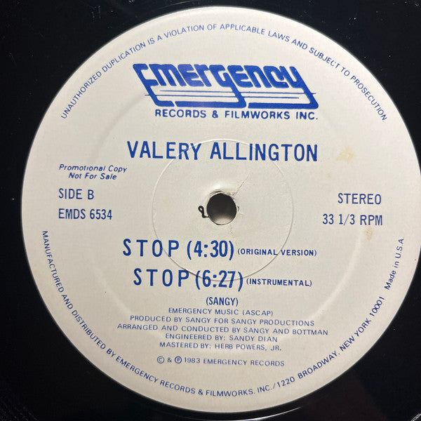 Valery Allington : Stop (12",33 ⅓ RPM,Promo)