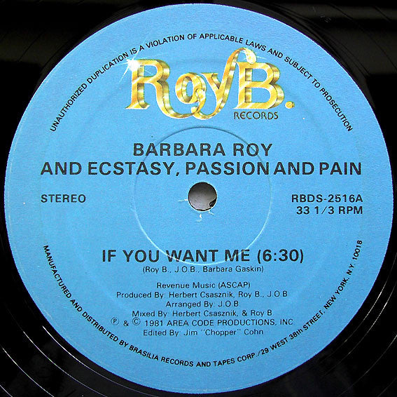 Barbara Roy And Ecstasy, Passion & Pain : If You Want Me (12")
