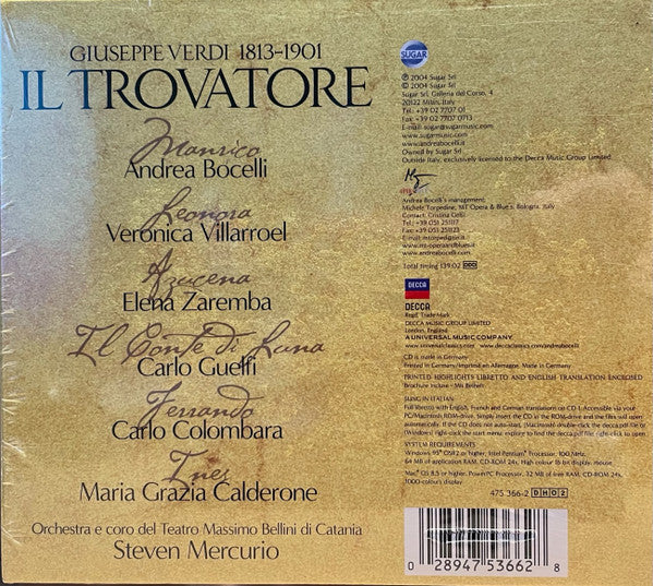 Andrea Bocelli · Verónica Villarroel · Elena Zaremba · Carlo Guelfi · Carlo Colombara, Coro Del Teatro Massimo Bellini Di Catania, Steven Mercurio : Verdi · Il Trovatore (2xCD, Album)