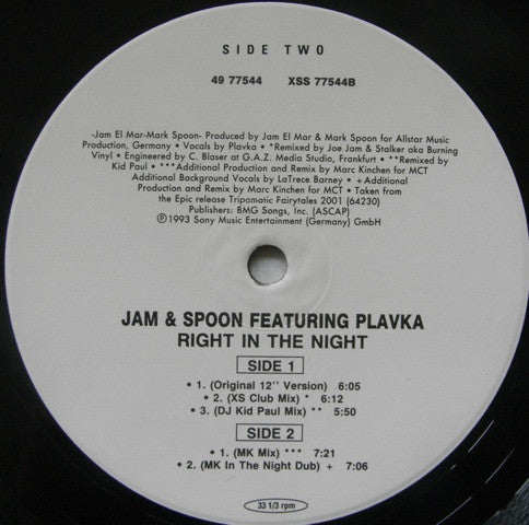 Jam & Spoon Featuring Plavka : Right In The Night (Fall In Love With Music) (12")