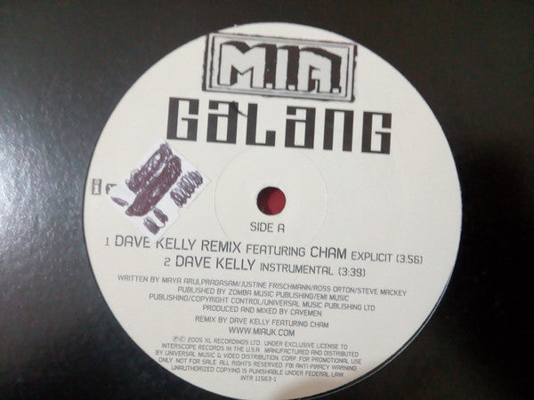 M.I.A. (2) : Galang (Dave Kelly Remix) (12", Single, Promo)