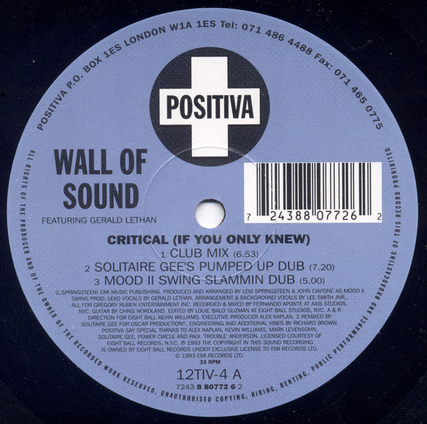 Wall Of Sound Featuring Gerald Lethan* : Critical (If You Only Knew) (12")