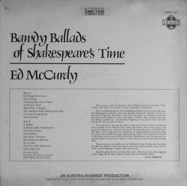 Ed McCurdy : Bawdy Ballads Of Shakespeare's Time (LP, Album, RE)