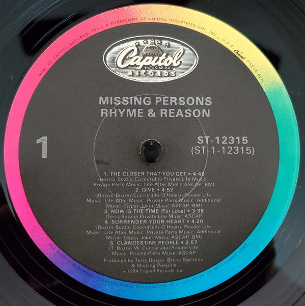 Missing Persons : Rhyme & Reason (LP, Album, Jac)