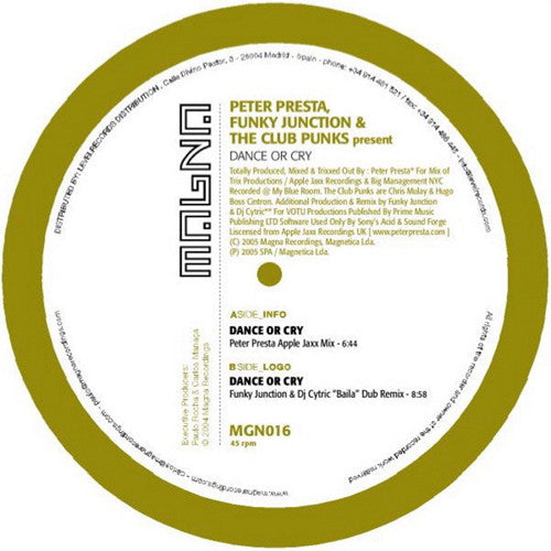 Peter Presta, Funky Junction & The Club Punks : Dance Or Cry (12")
