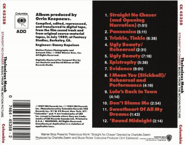 Thelonious Monk : Straight No Chaser (Music From The Motion Picture) (CD, Album)