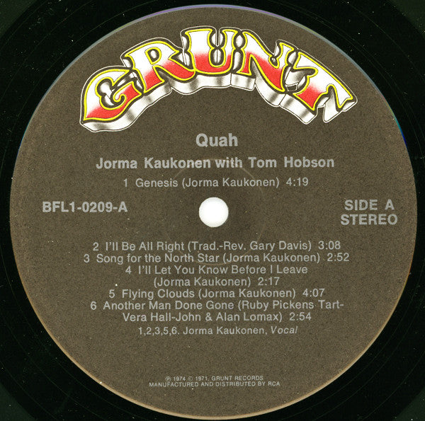 Jorma Kaukonen With Tom Hobson : Quah (LP, Album, Ind)