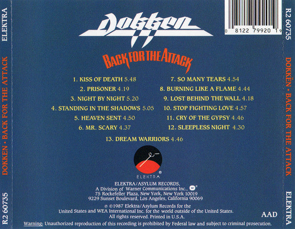 Dokken : Back For The Attack (CD, Album, RE, RP)