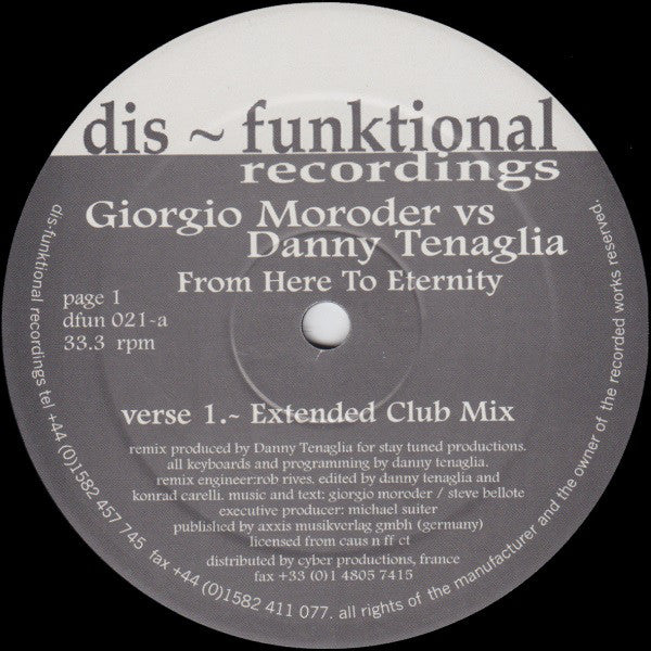 Danny Tenaglia vs. Giorgio Moroder : From Here To Eternity (12",33 ⅓ RPM)