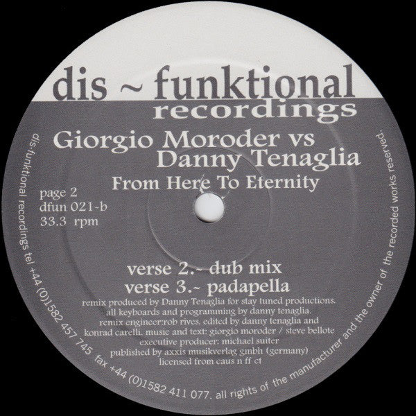 Danny Tenaglia vs. Giorgio Moroder : From Here To Eternity (12",33 ⅓ RPM)