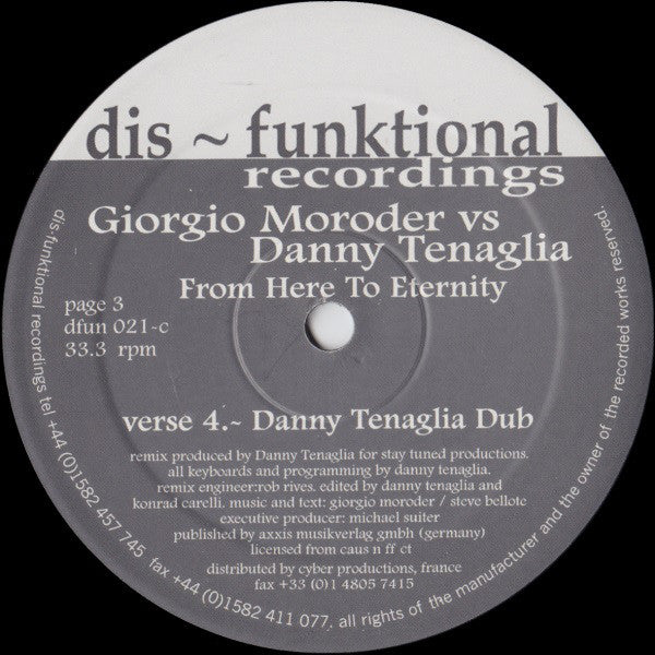 Danny Tenaglia vs. Giorgio Moroder : From Here To Eternity (12",33 ⅓ RPM)