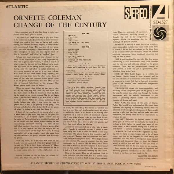 Ornette Coleman : Change Of The Century (LP, Album, RE, PR )