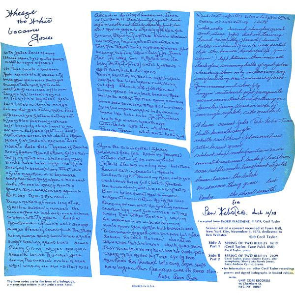 Cecil Taylor Unit* : Spring Of Two Blue-J's (LP, Album)
