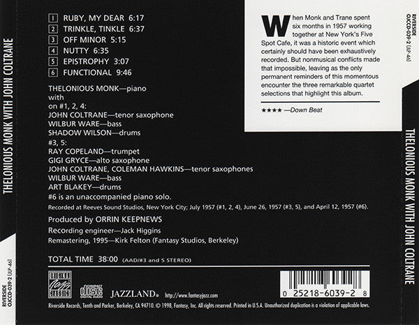 Thelonious Monk With John Coltrane : Thelonious Monk With John Coltrane (CD, Album, Mono, RE, RM)