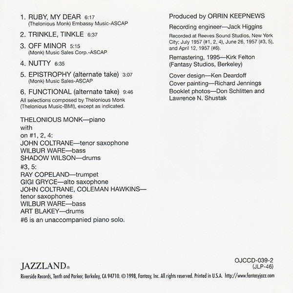 Thelonious Monk With John Coltrane : Thelonious Monk With John Coltrane (CD, Album, Mono, RE, RM)
