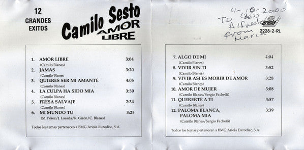 Camilo Sesto : Amor Libre - 12 Grandes Exitos (CD, Album, Comp, RE)