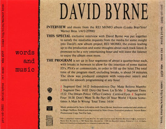 David Byrne : Interview And Music From The Album Rei Momo (CD, Promo)