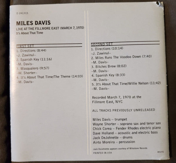 Miles Davis : Live At The Fillmore East (March 7, 1970) - It's About That Time (2xCD, Album, Club)