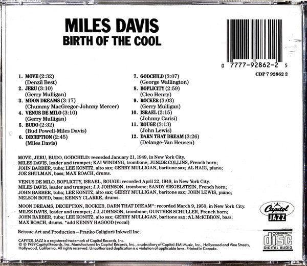 Miles Davis : Birth Of The Cool (CD, Album, Comp, RE, San)