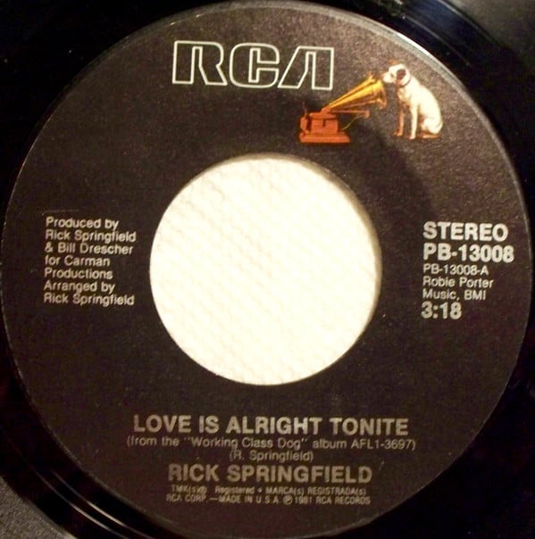 Rick Springfield : Love Is Alright Tonite / Everybody's Girl (7", Single, Styrene)
