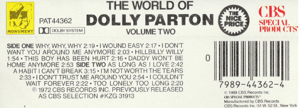 Dolly Parton : The World Of Dolly Parton Volume Two (Cass, Album, RE)