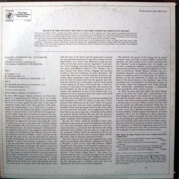 Gustav Mahler, Bruno Walter, Columbia Symphony Orchestra : Symphony No. 1 In D "The Titan" (LP, RE)