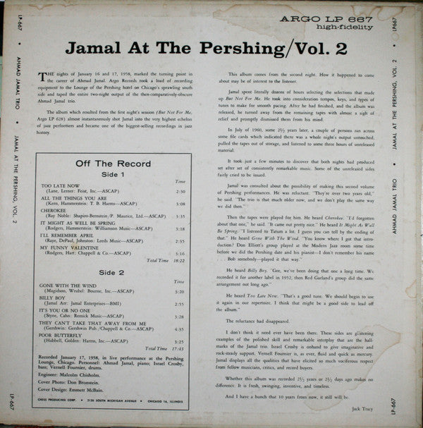 Ahmad Jamal Trio : Jamal At The Pershing Volume Two (LP, Album, Mono)