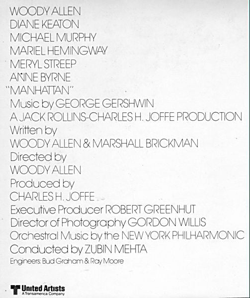 George Gershwin - New York Philharmonic Conducted By Zubin Mehta With Gary Graffman : Music From The Woody Allen Film "Manhattan" (LP, Album)