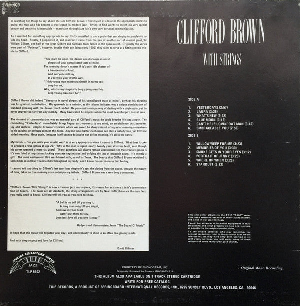 Clifford Brown : Clifford Brown With Strings (LP, Album, Mono, RE)