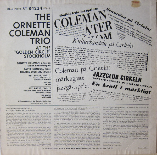 The Ornette Coleman Trio : At The "Golden Circle" Stockholm (Volume One) (LP, Album)
