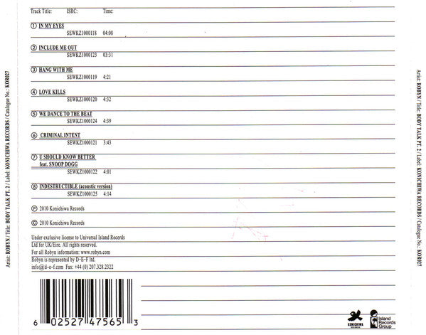 Robyn : Body Talk Pt. 2 (CD, MiniAlbum, Pin)