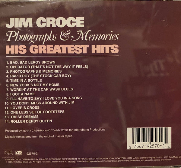 Jim Croce : Photographs & Memories (His Greatest Hits) (CD, Comp, RE, RM)