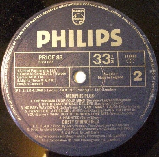 Dusty Springfield : Dusty Springfield In Memphis . . . Plus (LP, Album, RE)