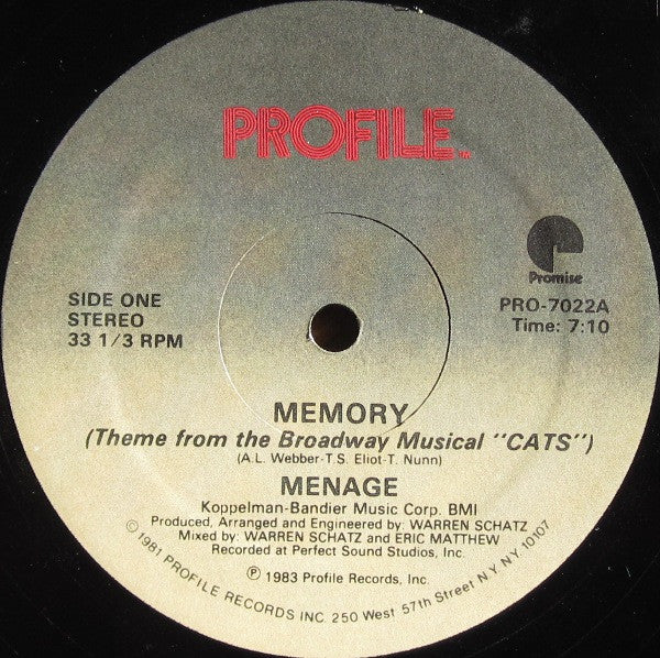 Menage (2) : Memory (Theme From The Broadway Musical "Cats") (12", Single)