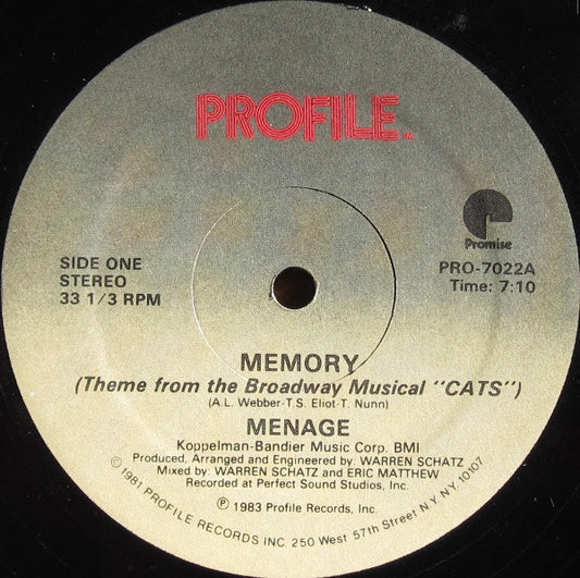 Menage (2) : Memory (Theme From The Broadway Musical "Cats") (12", Single)