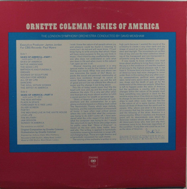 Ornette Coleman, London Symphony Orchestra  Conducted By  David Measham : Skies Of America (LP, Album)