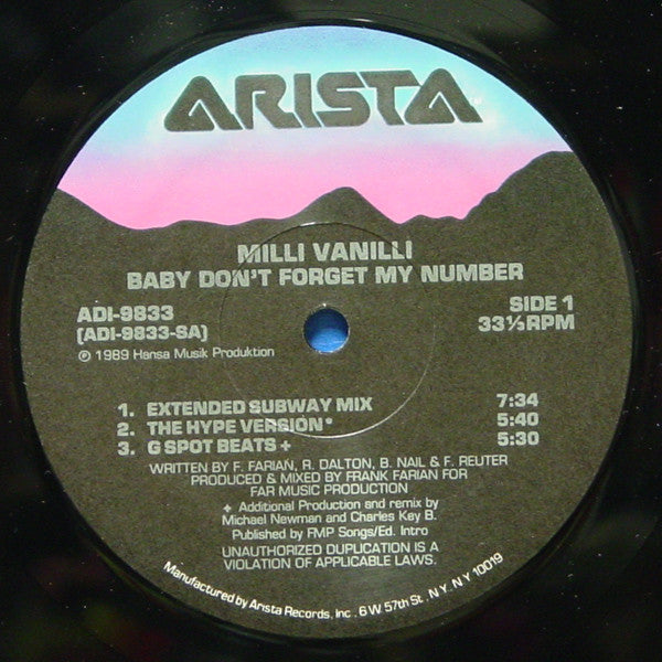 Milli Vanilli : Baby Don't Forget My Number (12", Single, Com)