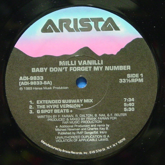 Milli Vanilli : Baby Don't Forget My Number (12", Single, Com)
