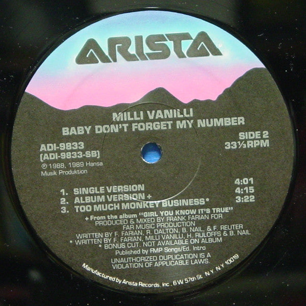 Milli Vanilli : Baby Don't Forget My Number (12", Single, Com)