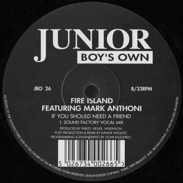 Fire Island Featuring Mark Anthoni : If You Should Need A Friend (12")