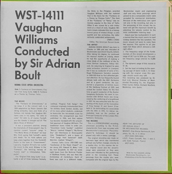 Ralph Vaughan Williams - Sir Adrian Boult : Fantasia On 'Greensleeves' / English Folk Song Suite / Fantasia On A Theme By Thomas Tallis (LP, Album)
