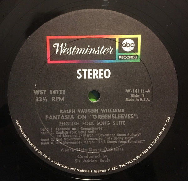 Ralph Vaughan Williams - Sir Adrian Boult : Fantasia On 'Greensleeves' / English Folk Song Suite / Fantasia On A Theme By Thomas Tallis (LP, Album)