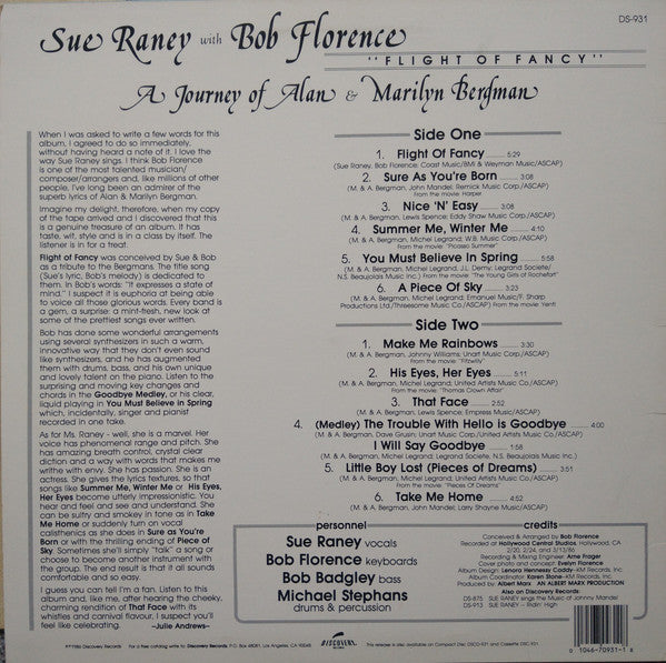 Sue Raney With Bob Florence : Flight Of Fancy - A Journey Of Alan & Marilyn Bergman (LP, Album)