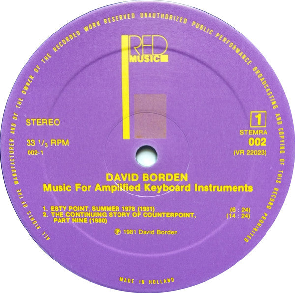 David Borden : Music For Amplified Keyboard Instruments (LP, Album)